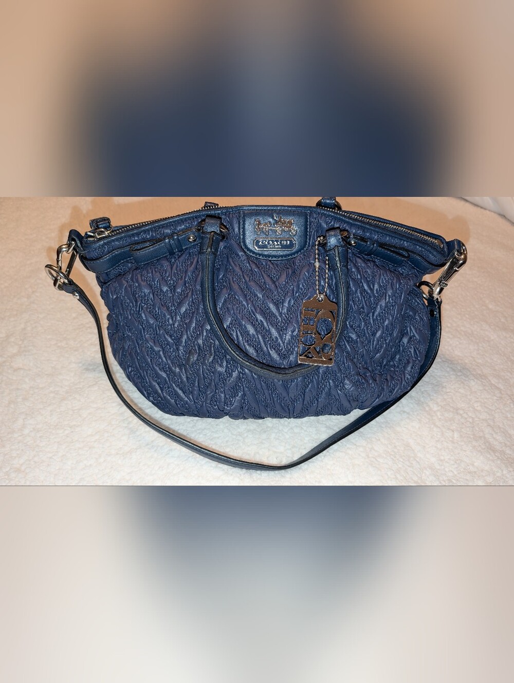 Coach Madison 70th Anniversary Quilted Chevron Navy Blue Nylon Satchel EUC